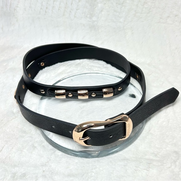 Kenneth Cole Reaction Black Faux Leather Belt Rose Gold Metal Stations NWOT - Picture 1 of 8